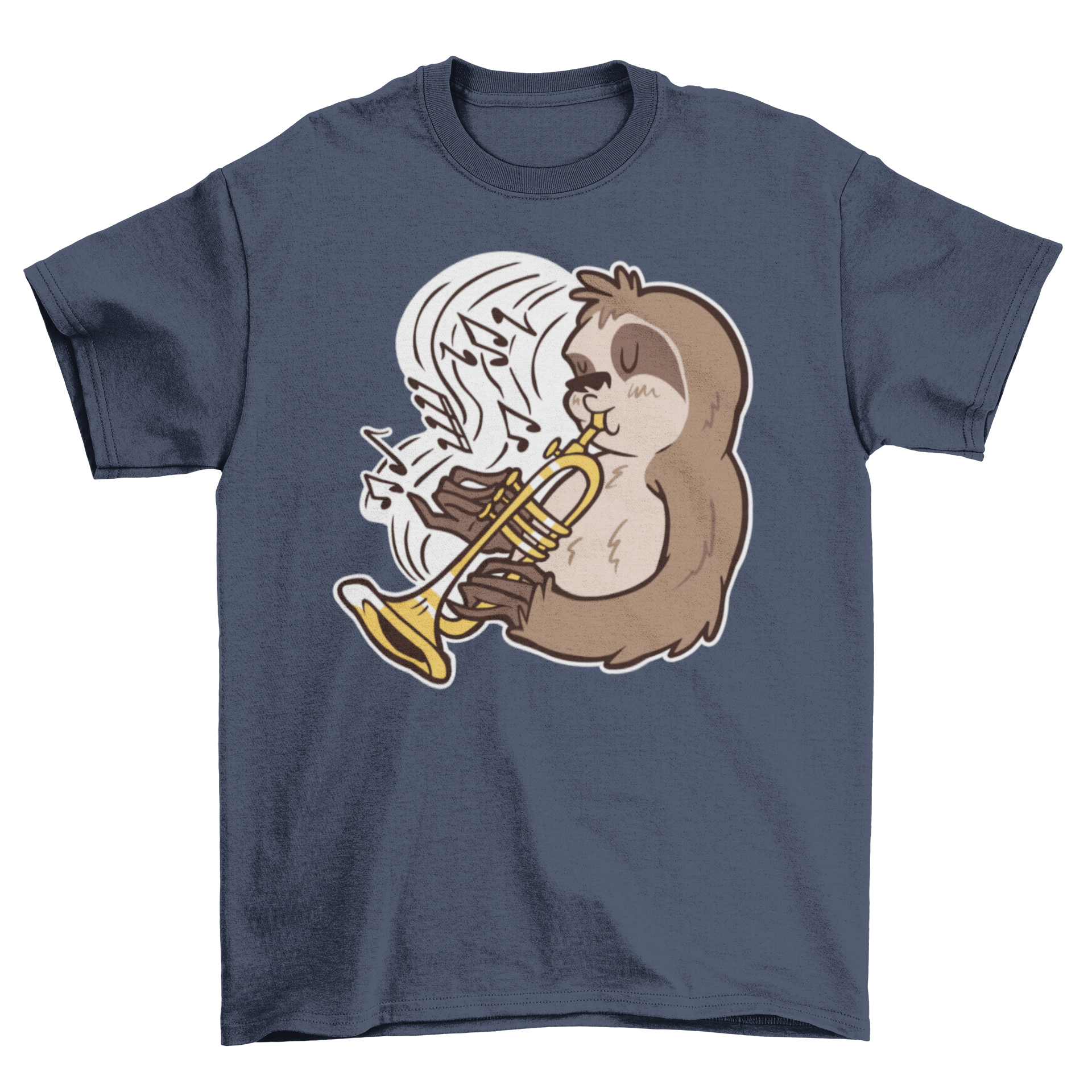 Cartoon t-shirt featuring a sloth playing trumpet with musical notes.