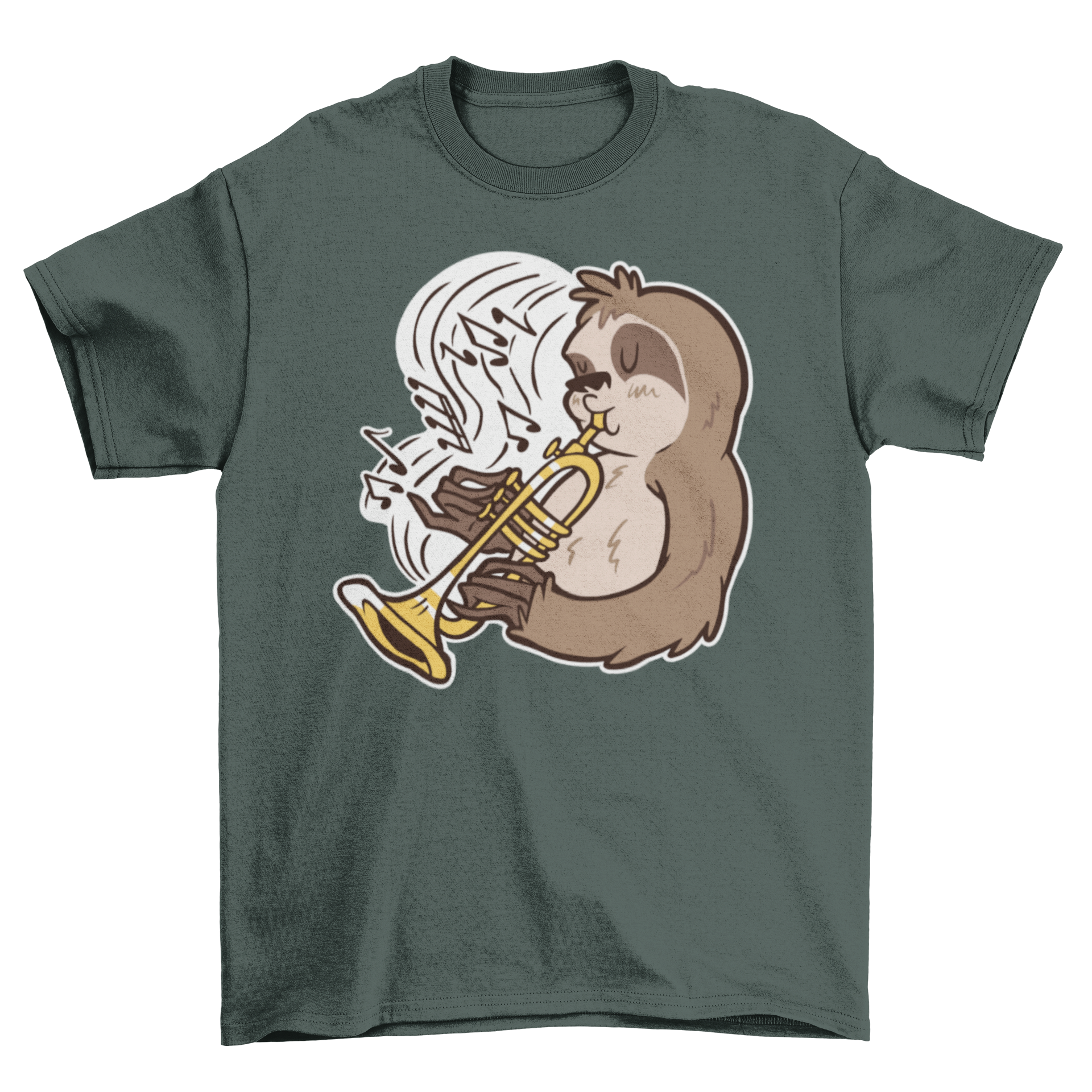 Cartoon t-shirt featuring a sloth playing trumpet with musical notes.