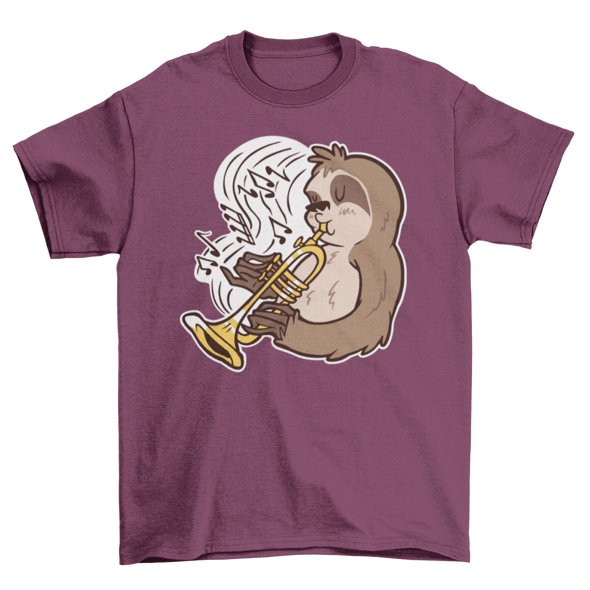 Cartoon t-shirt featuring a sloth playing trumpet with musical notes.