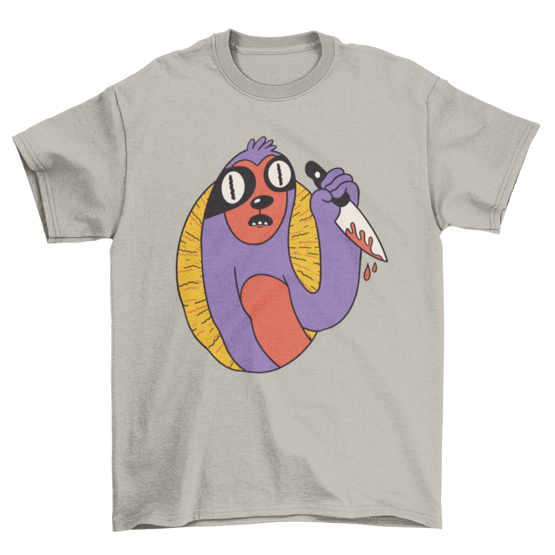 A humorous t-shirt featuring a surprised sloth holding a bloody knife, showcasing a quirky design.