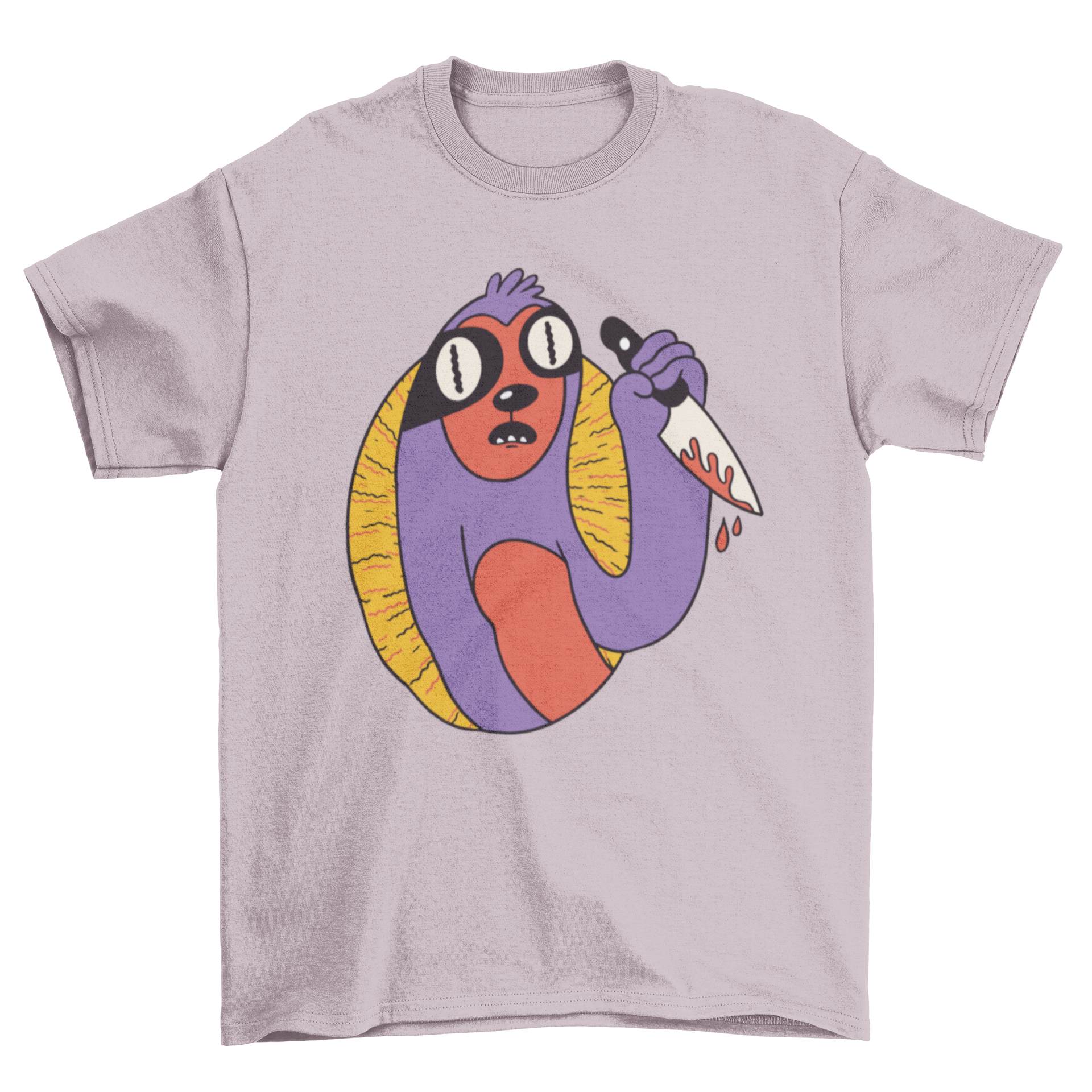 A humorous t-shirt featuring a surprised sloth holding a bloody knife, showcasing a quirky design.