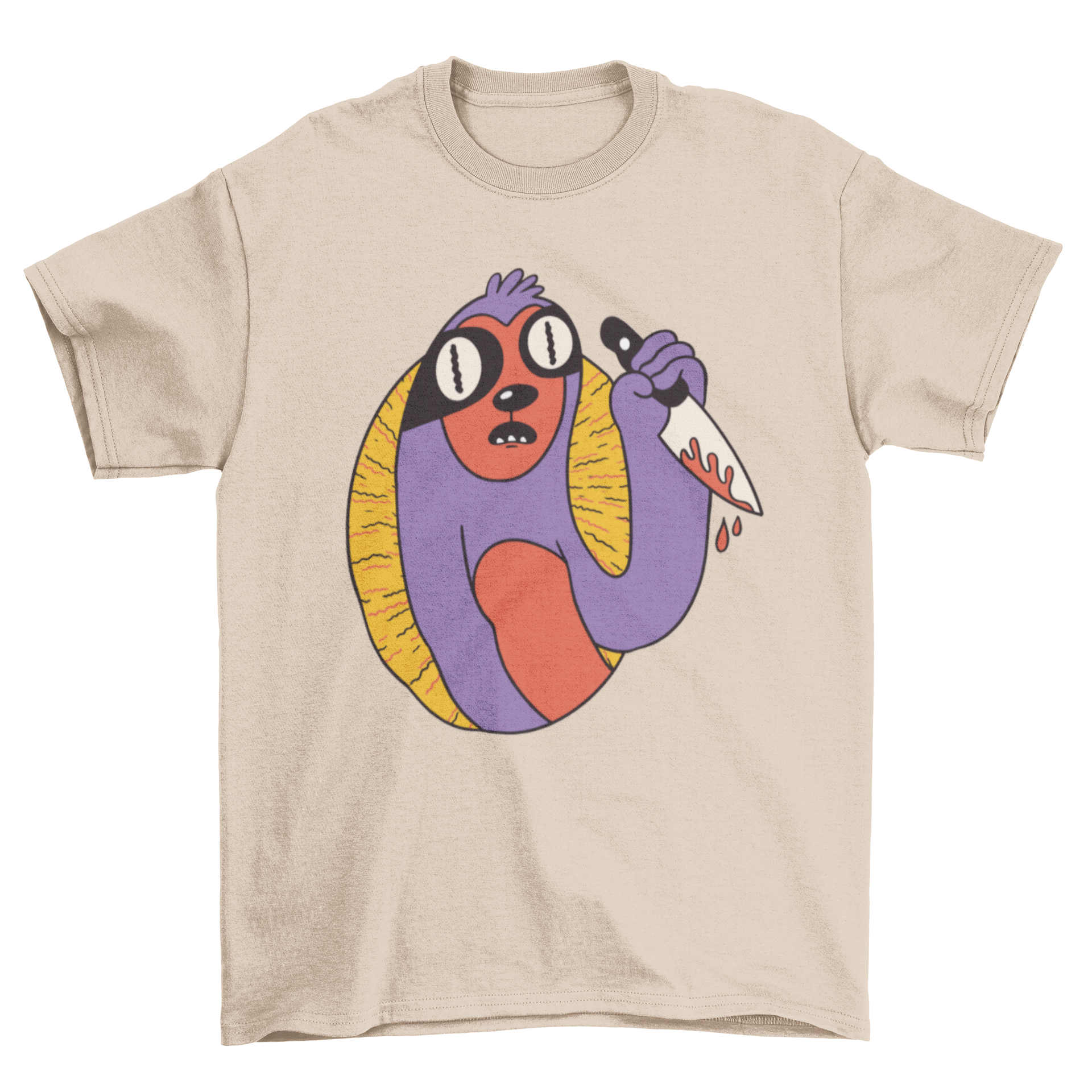 A humorous t-shirt featuring a surprised sloth holding a bloody knife, showcasing a quirky design.