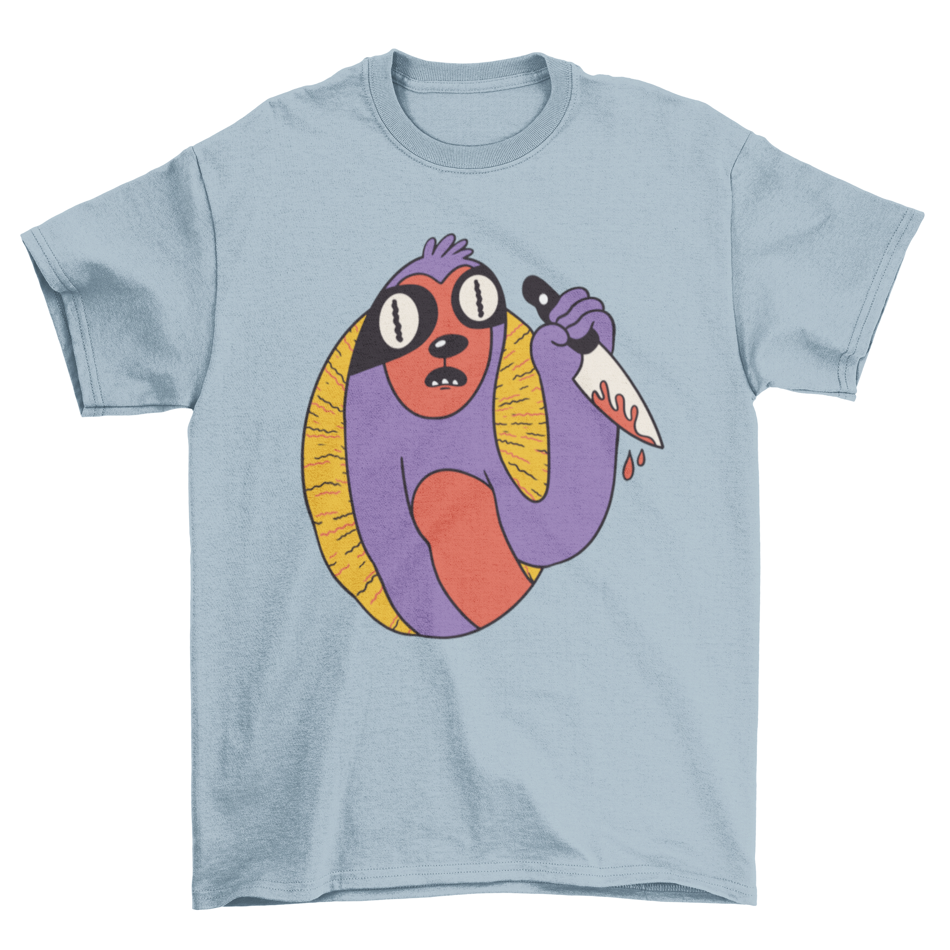 A humorous t-shirt featuring a surprised sloth holding a bloody knife, showcasing a quirky design.