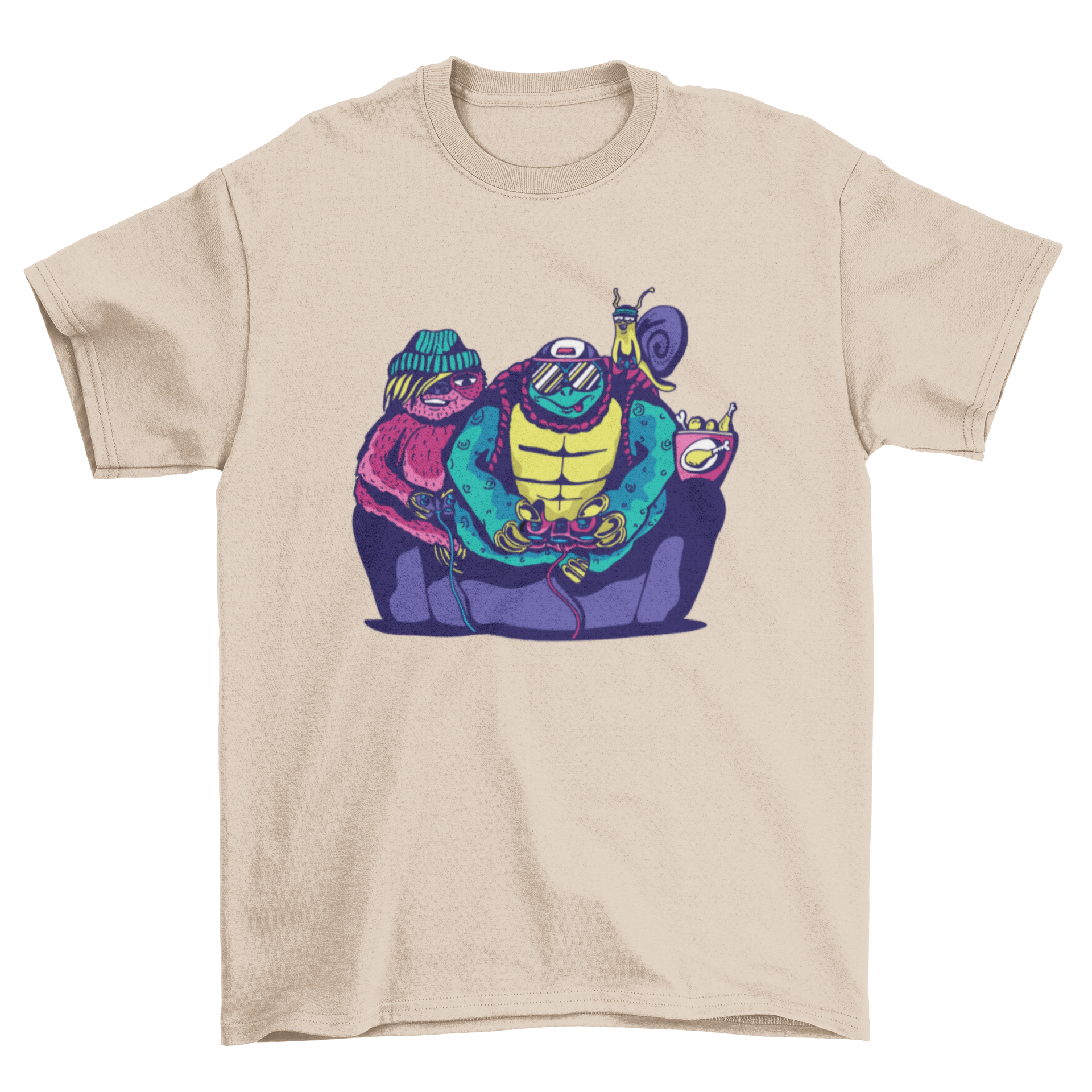 A playful illustration of a sloth, turtle, and snail playing video games on a t-shirt.