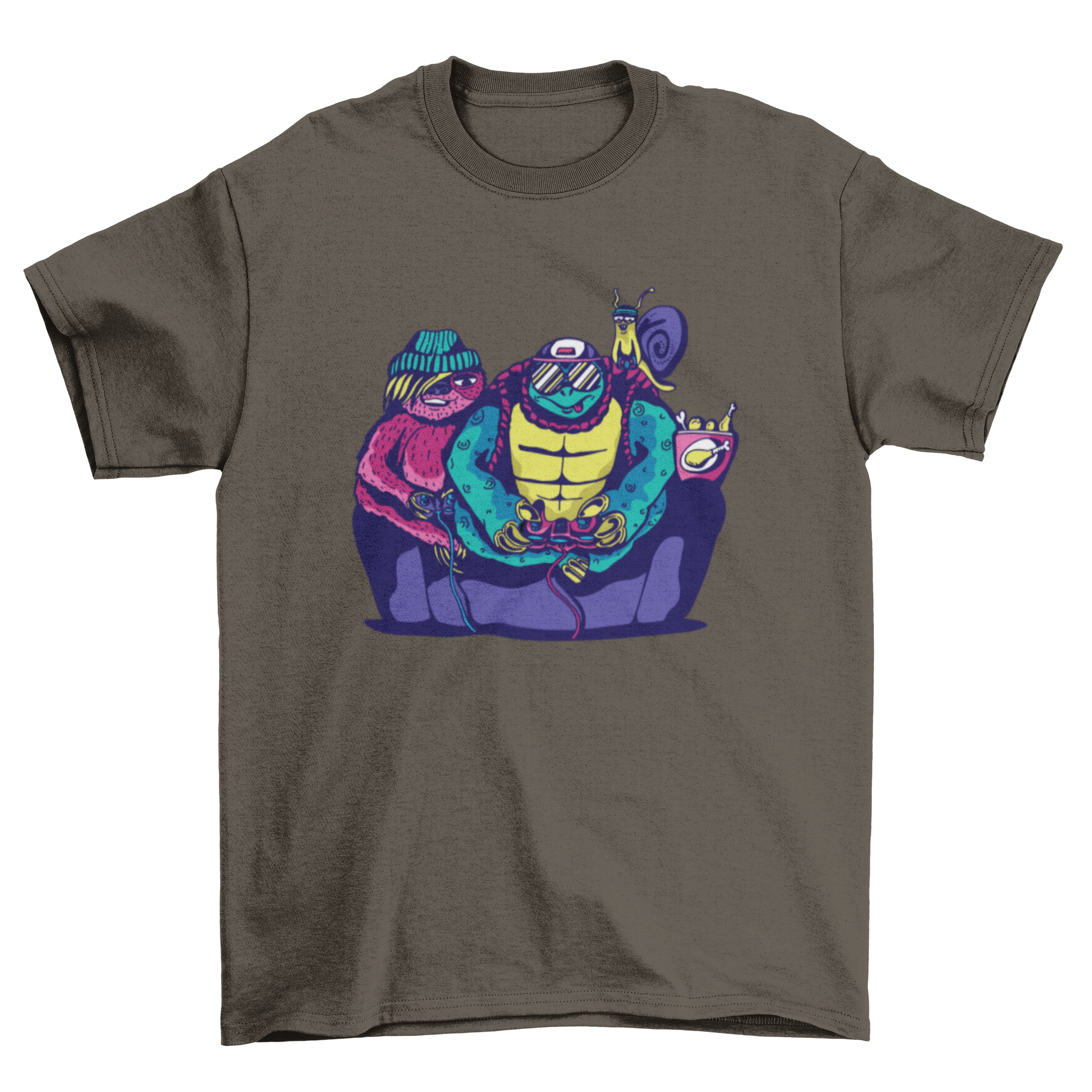 A playful illustration of a sloth, turtle, and snail playing video games on a t-shirt.