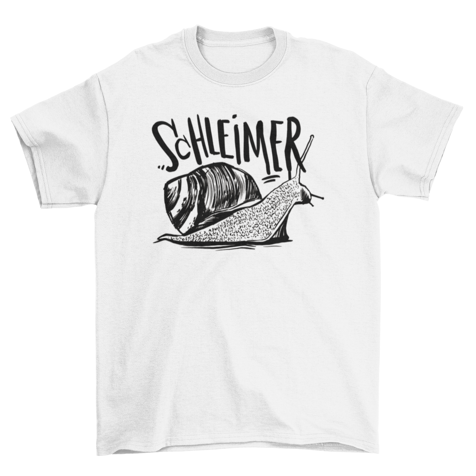 A stylish t-shirt featuring a detailed sketch of a slug with a German quote that translates to 'Slime'.