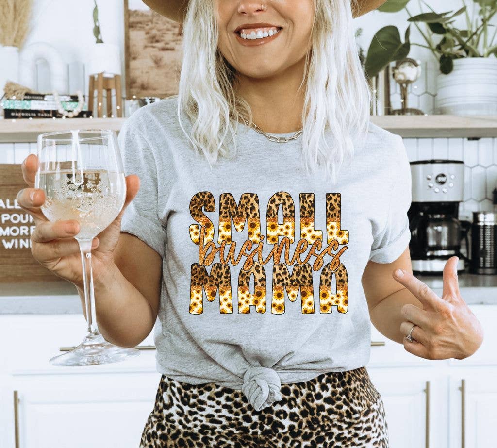 Small Business Mama T-shirt made of premium ring spun cotton, featuring a soft textile flex print, available in various sizes.