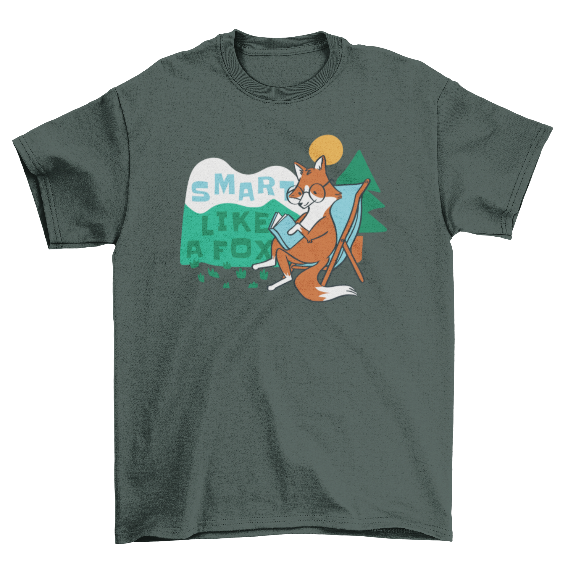 A cute t-shirt featuring a fox with glasses reading a book in the woods, showcasing a whimsical design.