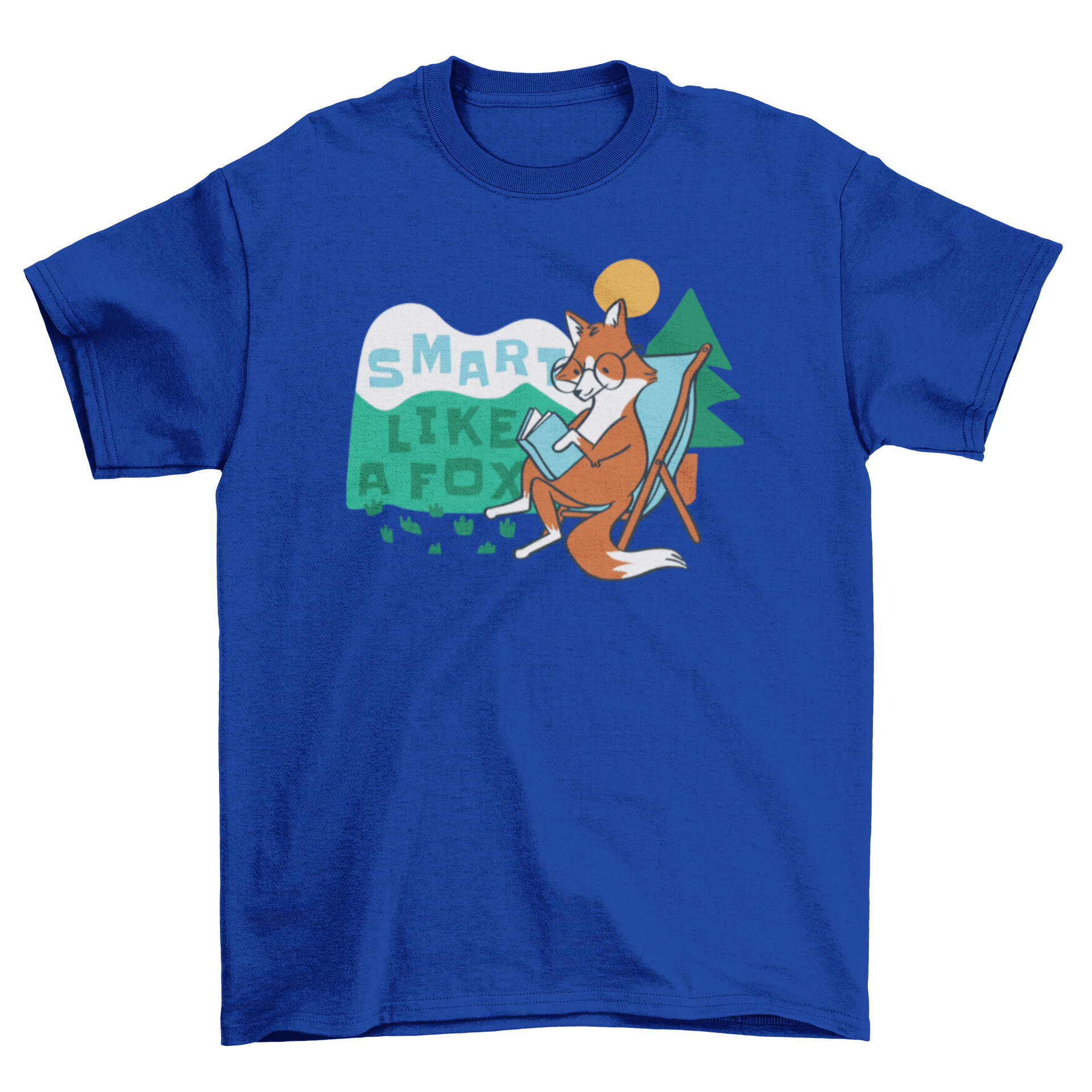 A cute t-shirt featuring a fox with glasses reading a book in the woods, showcasing a whimsical design.