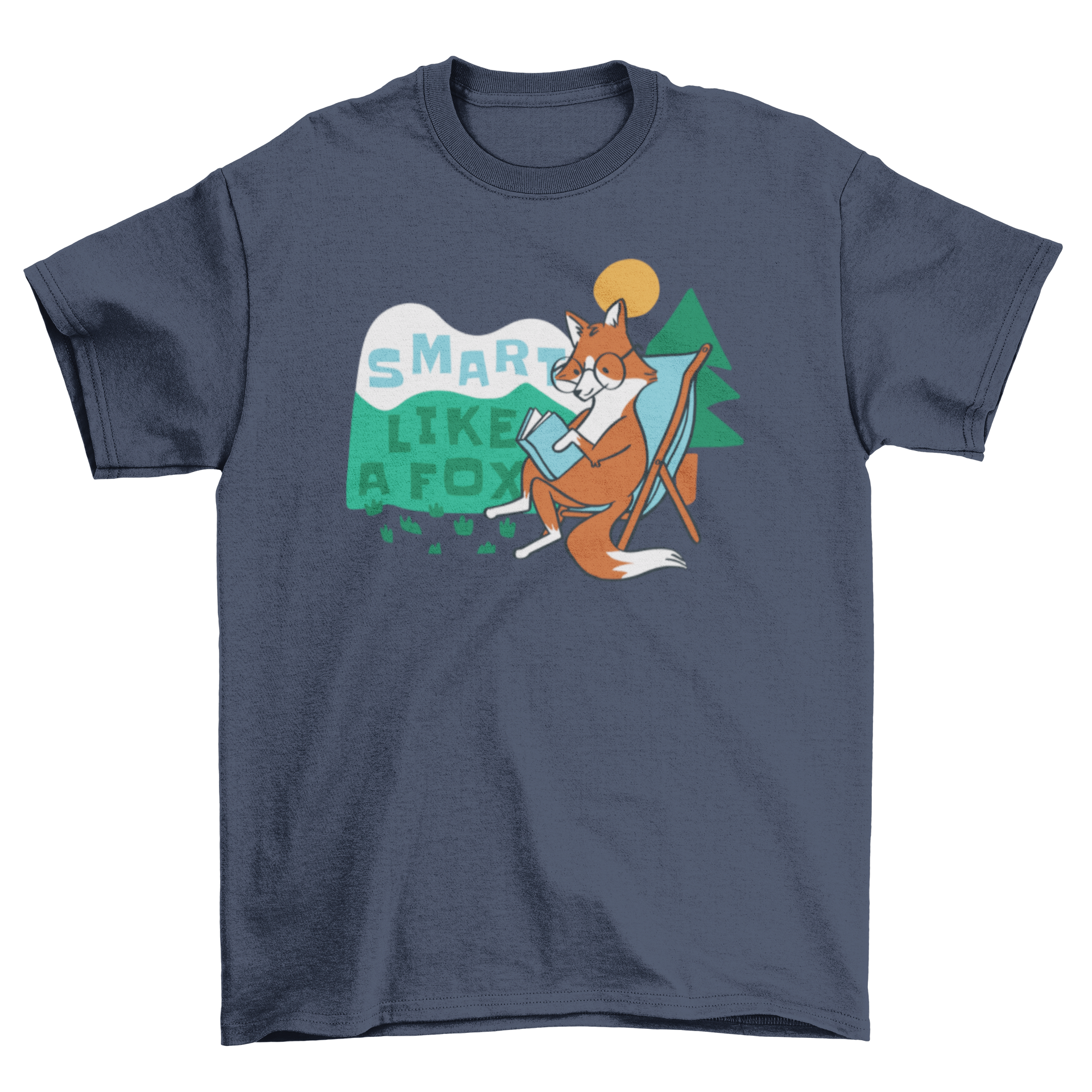 A cute t-shirt featuring a fox with glasses reading a book in the woods, showcasing a whimsical design.