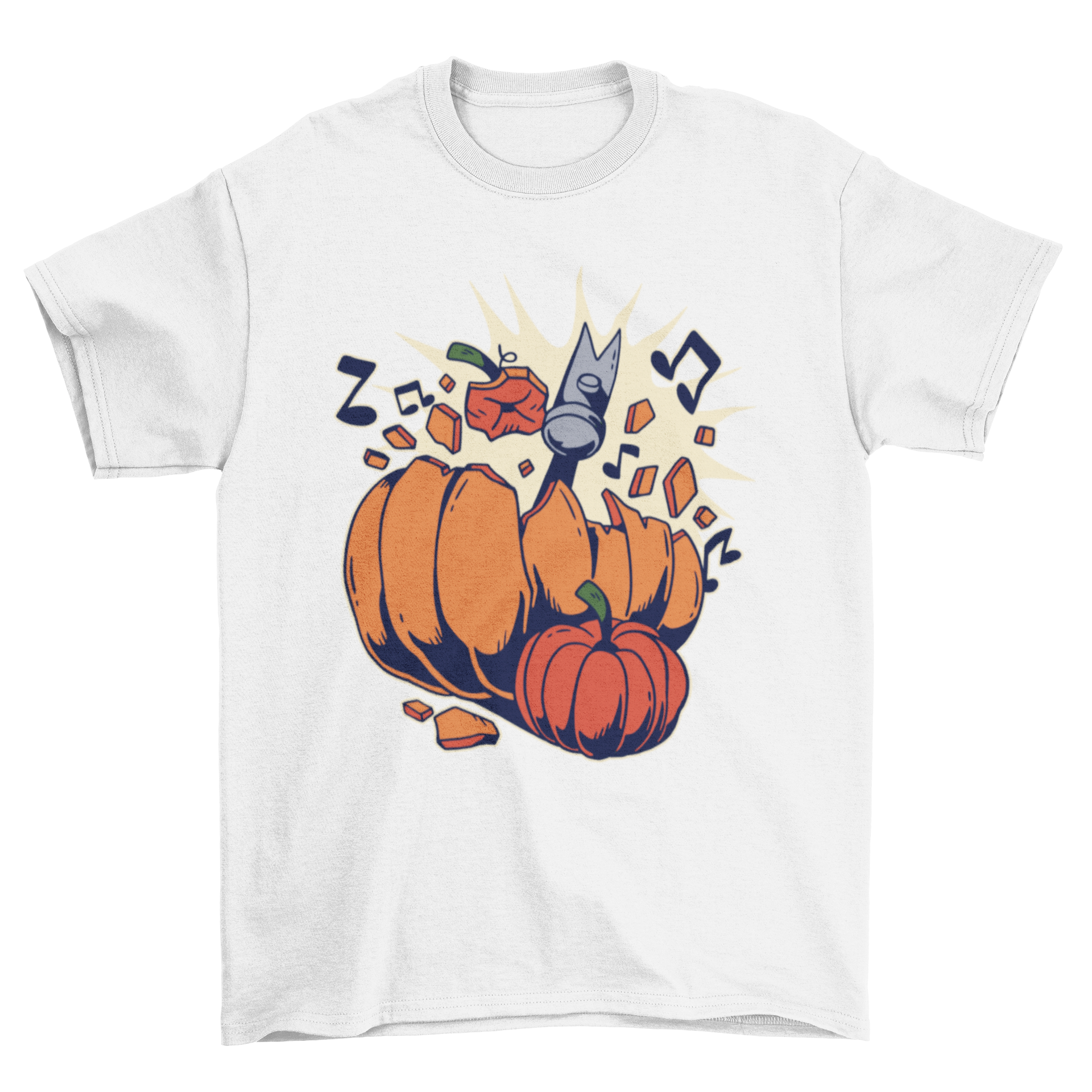 A colorful T-shirt featuring a pumpkin being smashed by a hammer, perfect for Halloween celebrations.