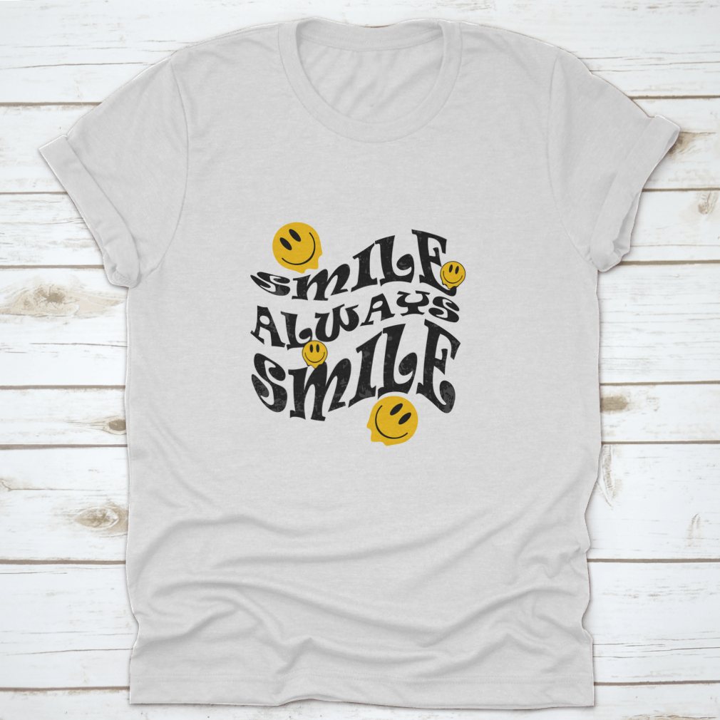 A stylish t-shirt featuring the 'Smile Always' slogan in graphic vector print, made from 100% cotton for comfort.