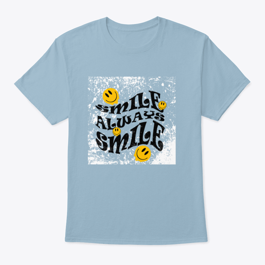 A stylish t-shirt featuring the 'Smile Always' slogan in graphic vector print, made from 100% cotton for comfort.