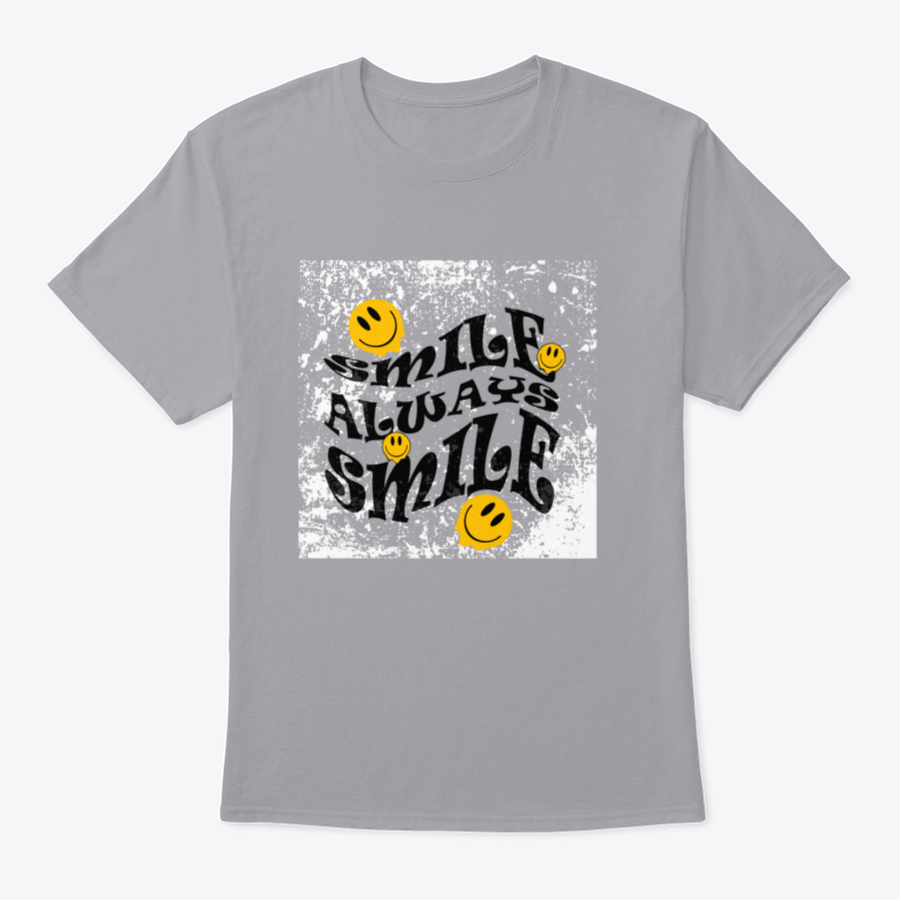 A stylish t-shirt featuring the 'Smile Always' slogan in graphic vector print, made from 100% cotton for comfort.