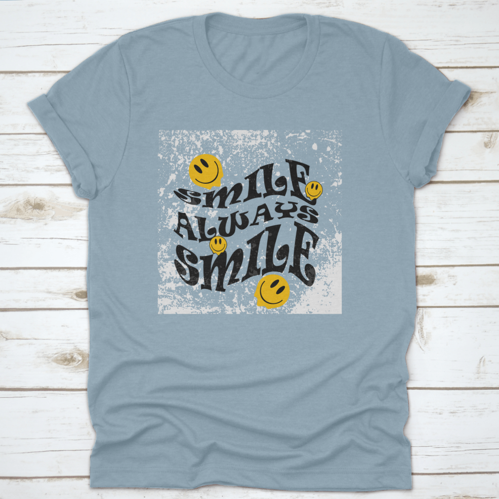 A stylish t-shirt featuring the 'Smile Always' slogan in graphic vector print, made from 100% cotton for comfort.