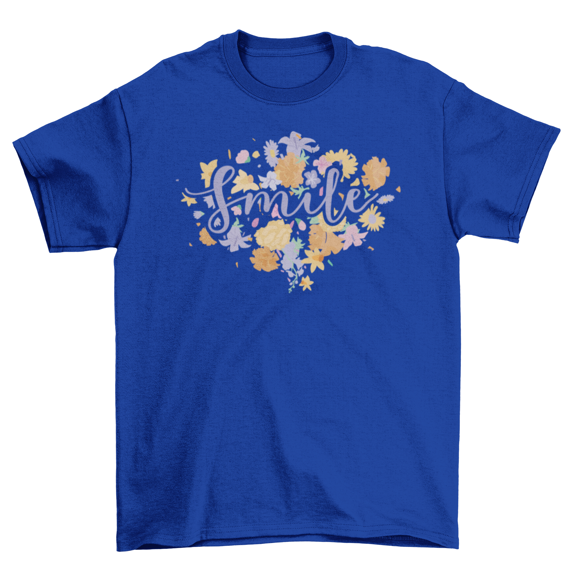 A stylish t-shirt featuring the word 'Smile' with colorful floral designs, perfect for casual wear.