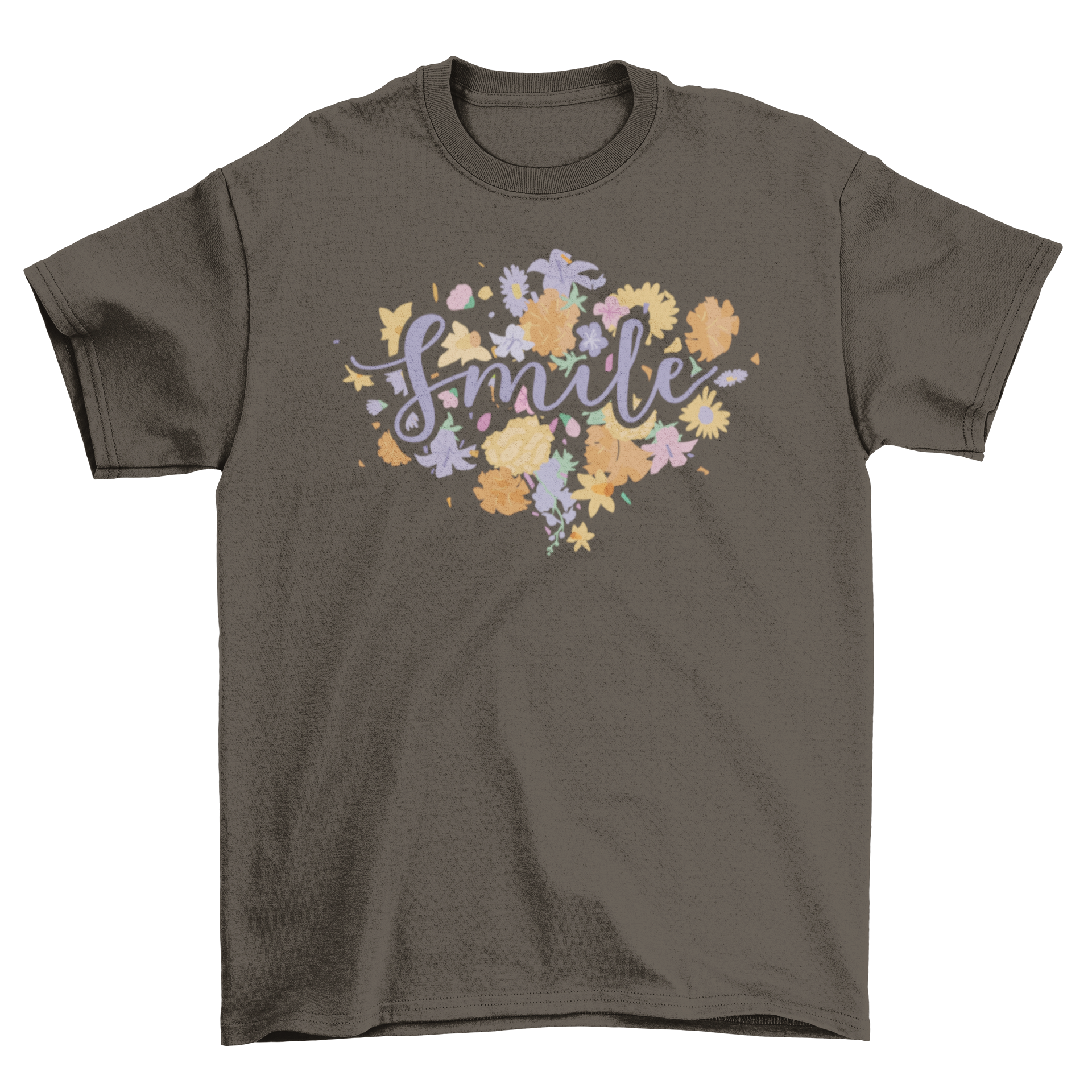 A stylish t-shirt featuring the word 'Smile' with colorful floral designs, perfect for casual wear.