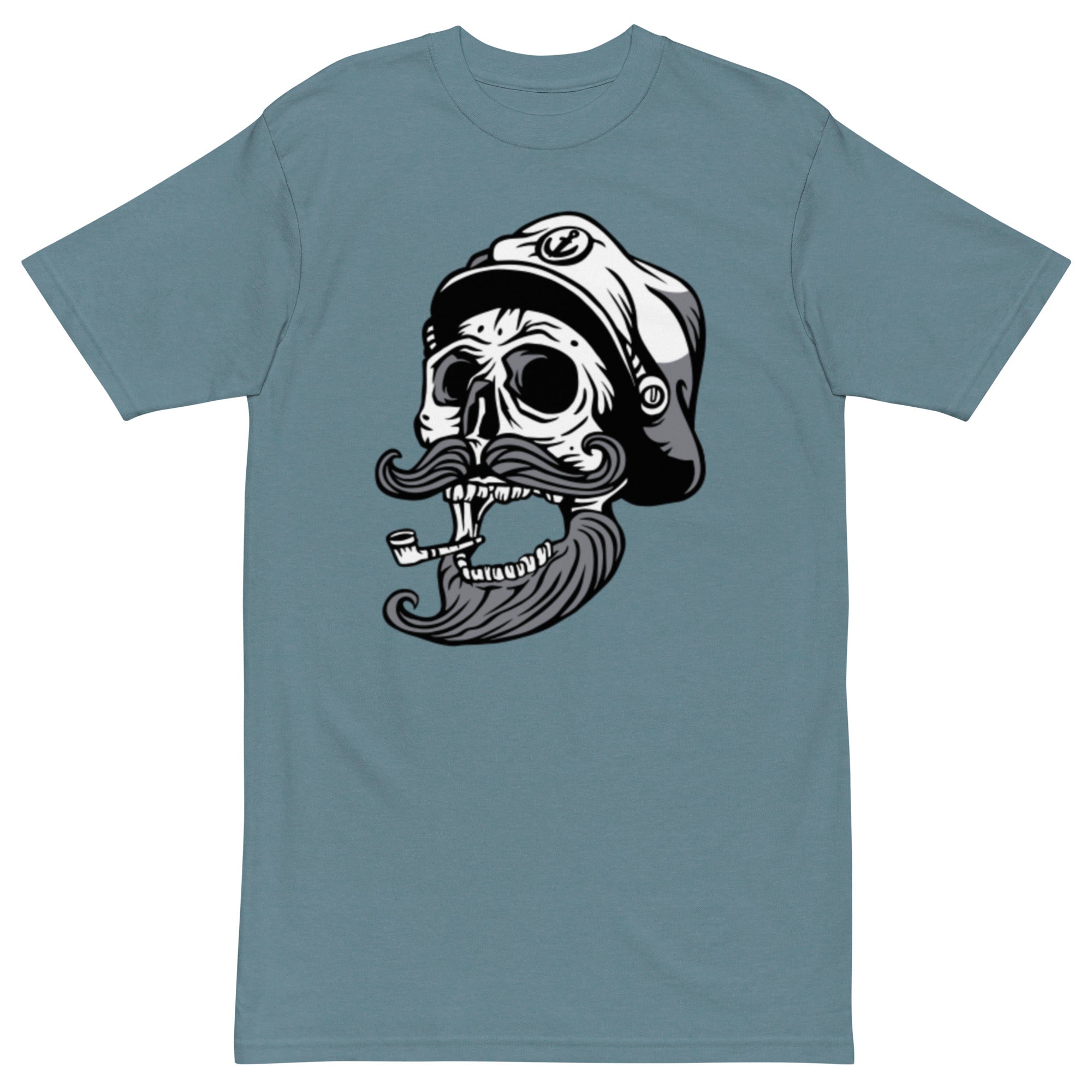 Smoking Skull Men’s premium heavyweight tee in charcoal color, showcasing its structured fit and soft fabric.