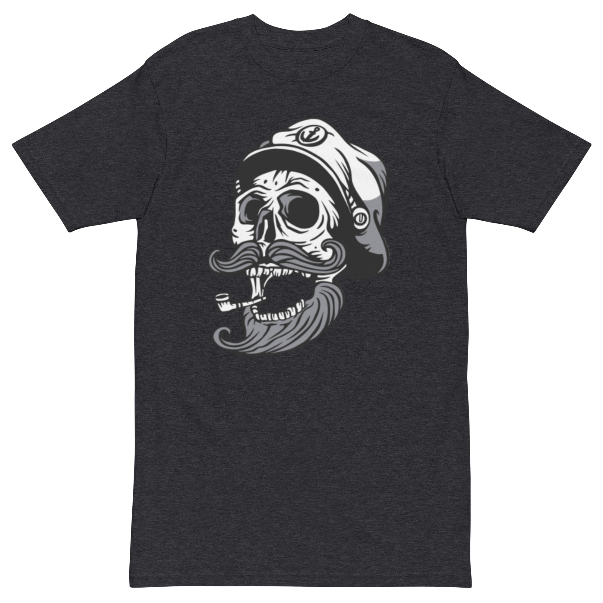 Smoking Skull Men’s premium heavyweight tee in charcoal color, showcasing its structured fit and soft fabric.