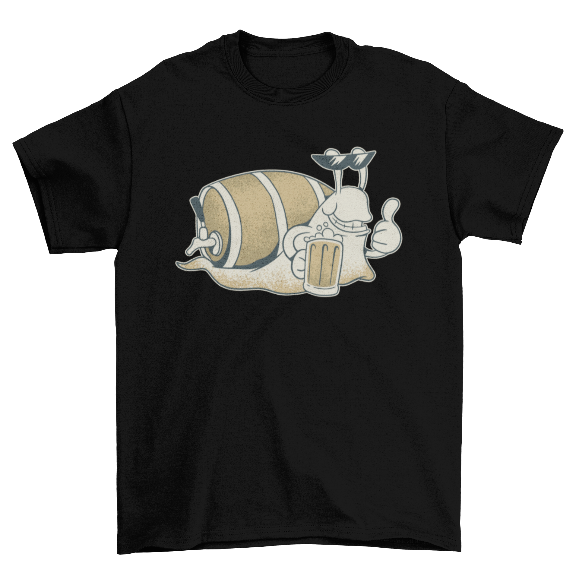 A colorful t-shirt featuring a cartoon snail with sunglasses drinking beer, perfect for casual wear.