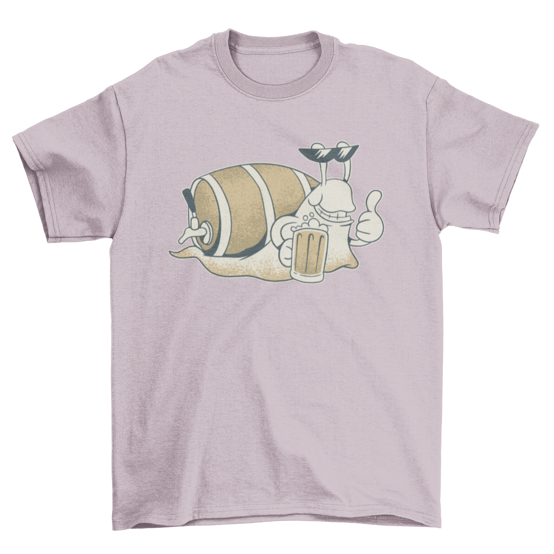 A colorful t-shirt featuring a cartoon snail with sunglasses drinking beer, perfect for casual wear.