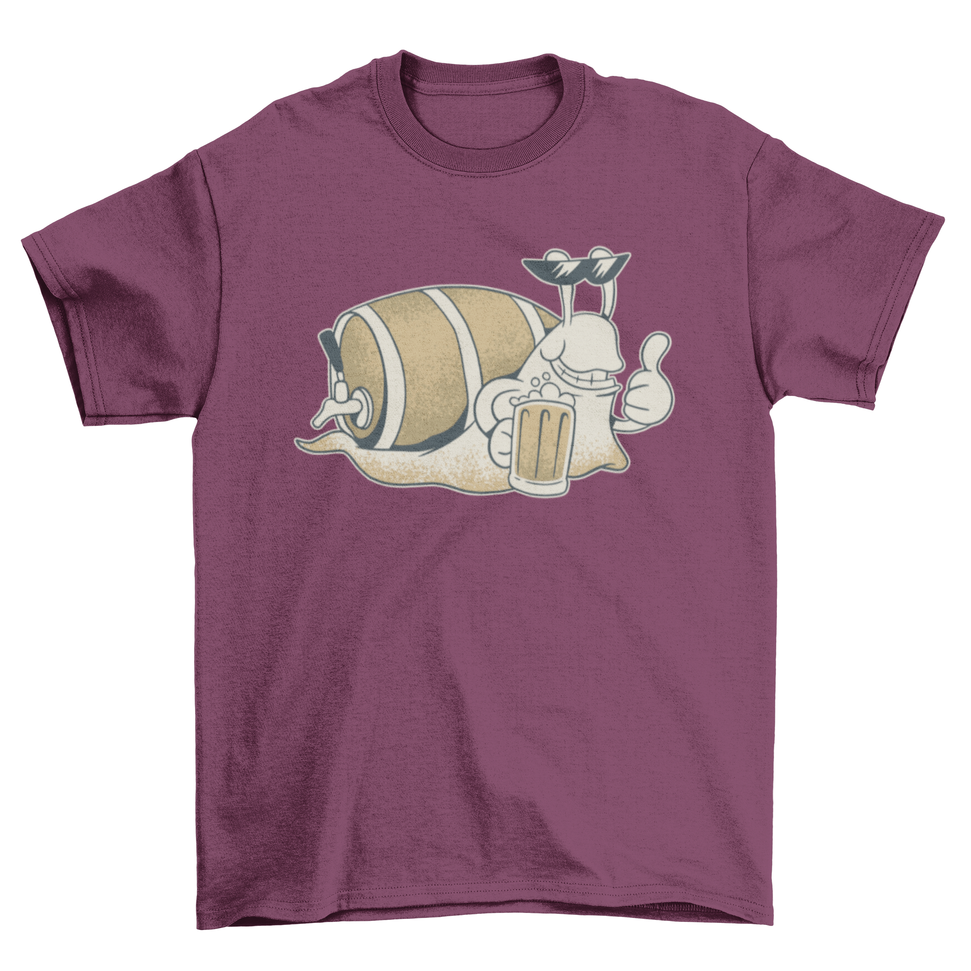 A colorful t-shirt featuring a cartoon snail with sunglasses drinking beer, perfect for casual wear.