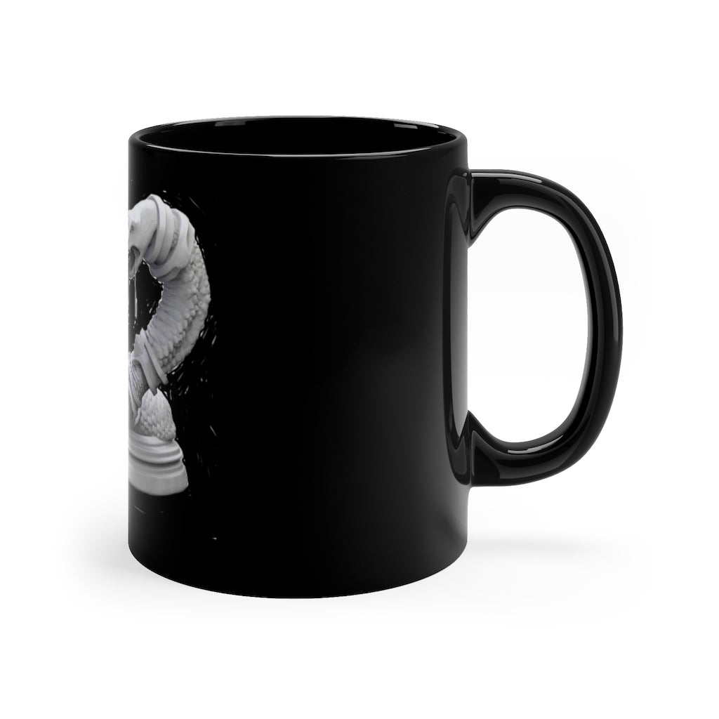 A sleek black ceramic mug with a C-handle, perfect for coffee, tea, or hot chocolate, showcasing its 11oz capacity.
