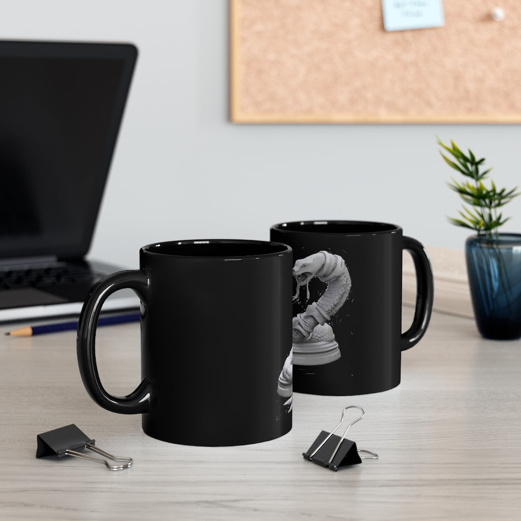 A sleek black ceramic mug with a C-handle, perfect for coffee, tea, or hot chocolate, showcasing its 11oz capacity.
