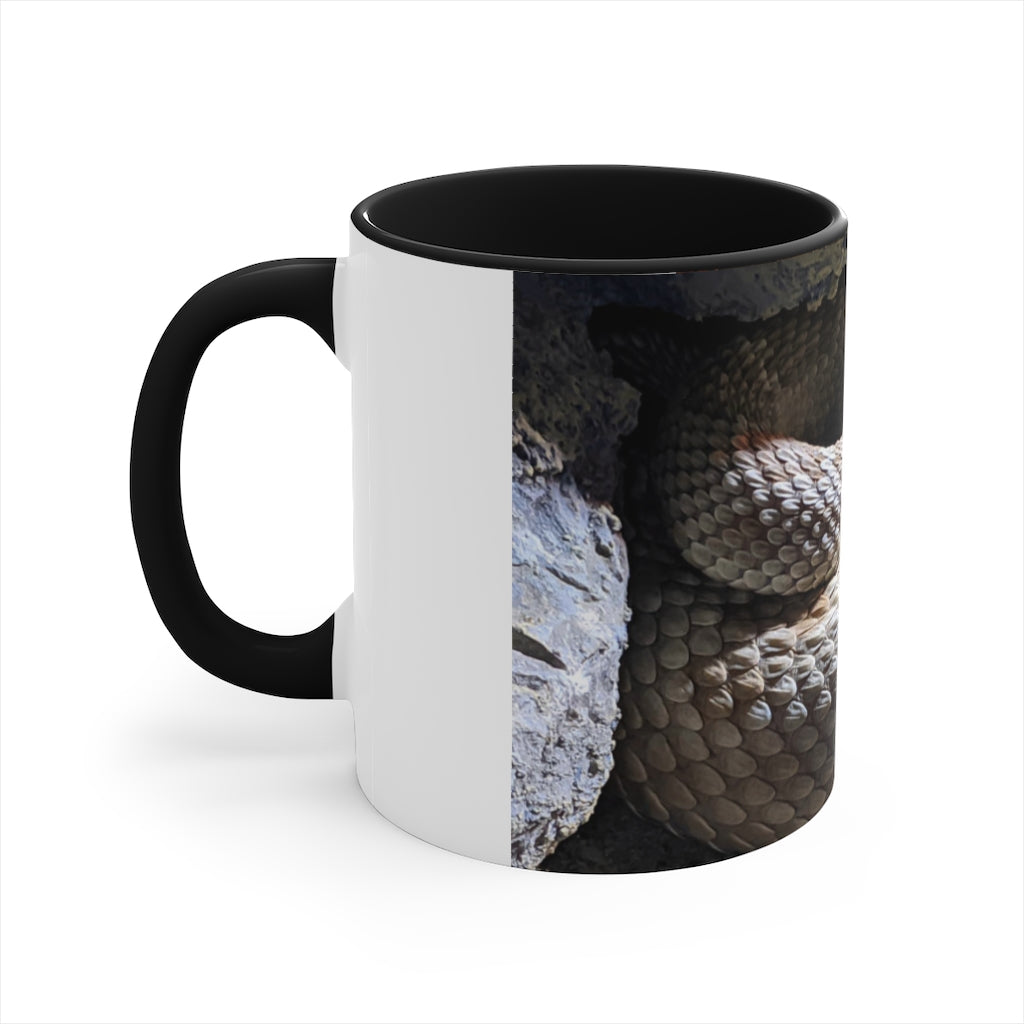 A stylish 11oz Snake Accent Coffee Mug with a white exterior and colorful interior, featuring a comfortable C-handle.