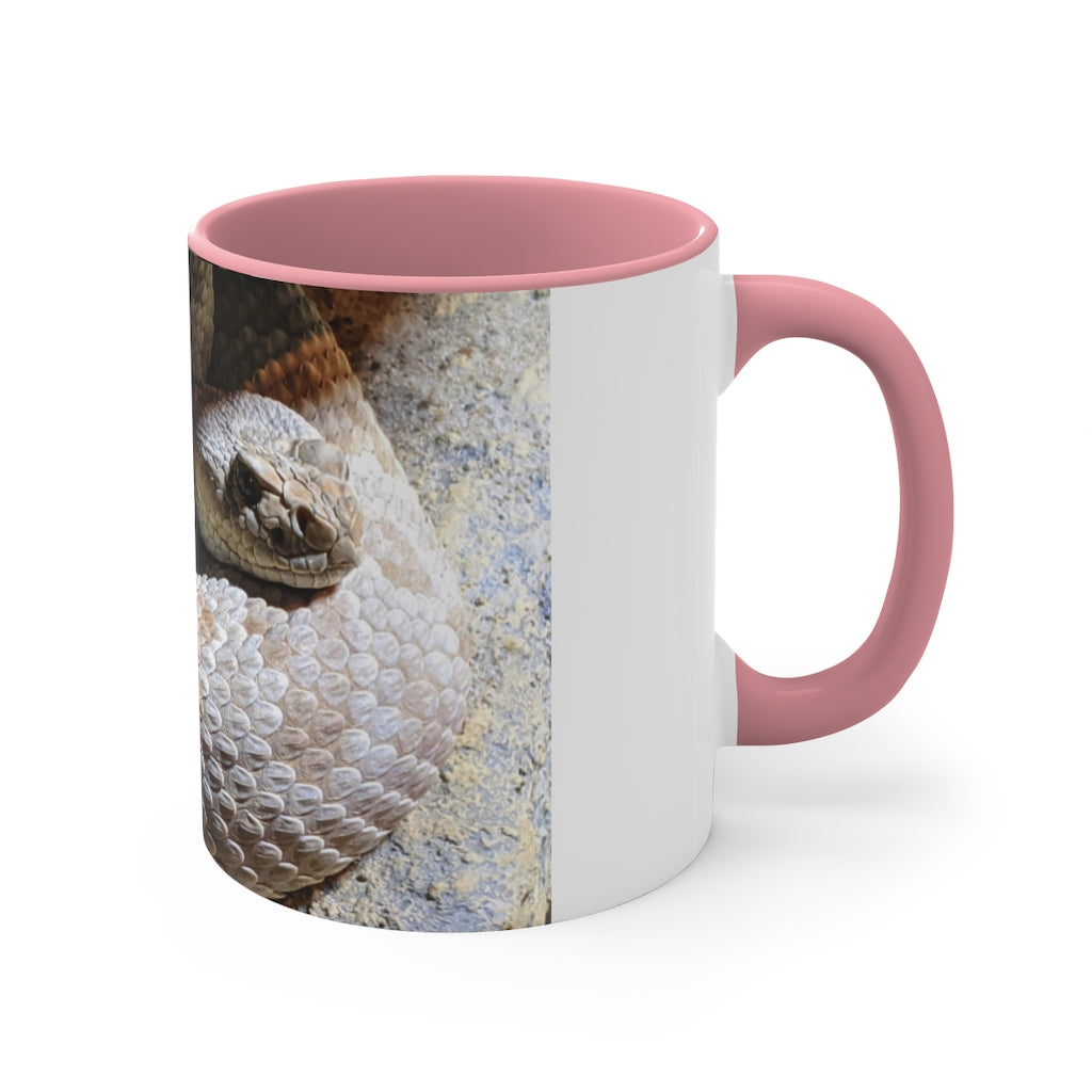 A stylish 11oz Snake Accent Coffee Mug with a white exterior and colorful interior, featuring a comfortable C-handle.