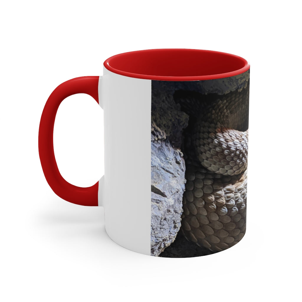 A stylish 11oz Snake Accent Coffee Mug with a white exterior and colorful interior, featuring a comfortable C-handle.