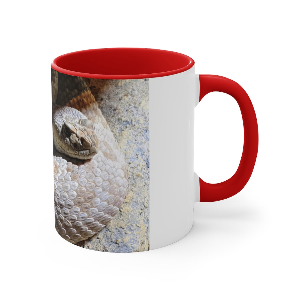 A stylish 11oz Snake Accent Coffee Mug with a white exterior and colorful interior, featuring a comfortable C-handle.