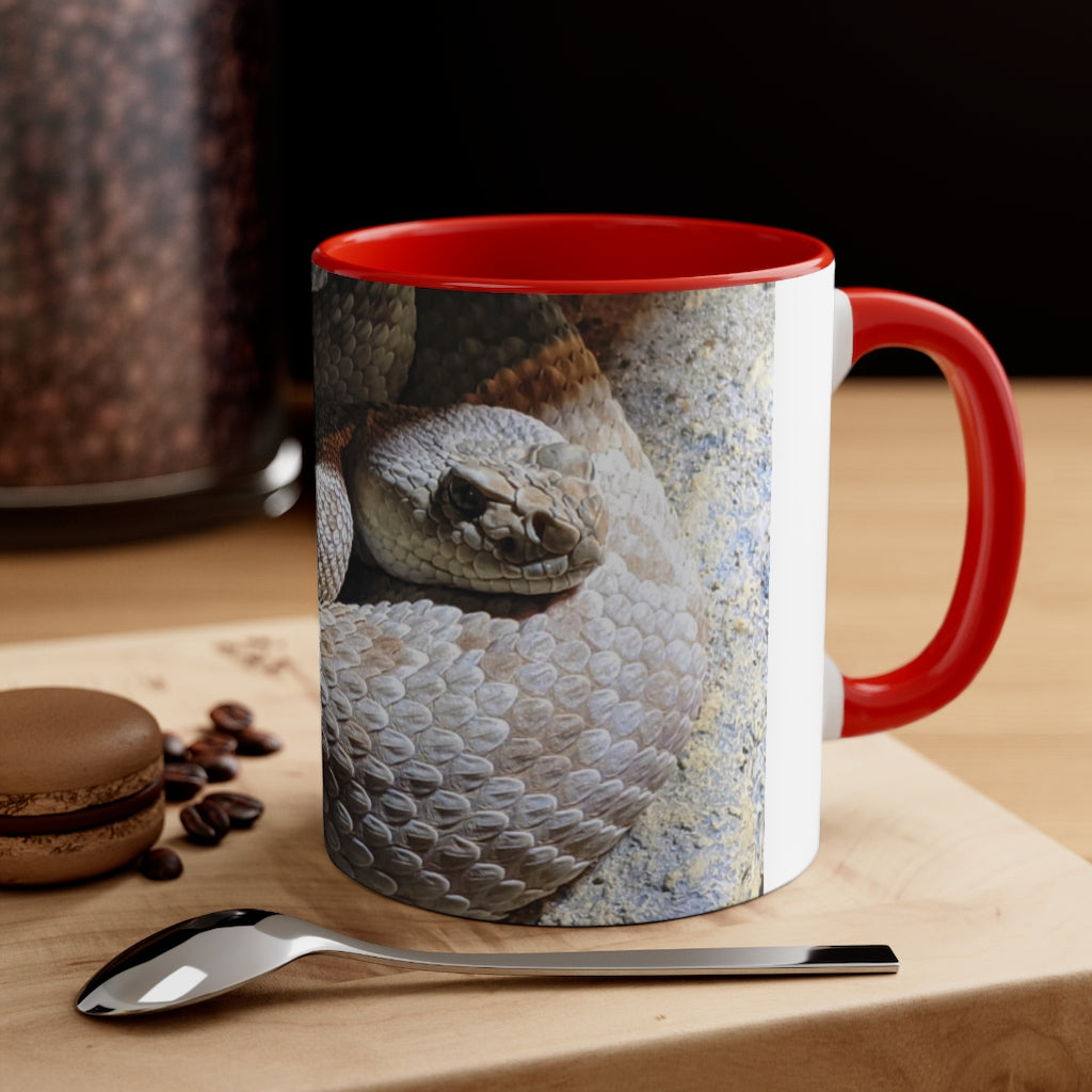 A stylish 11oz Snake Accent Coffee Mug with a white exterior and colorful interior, featuring a comfortable C-handle.