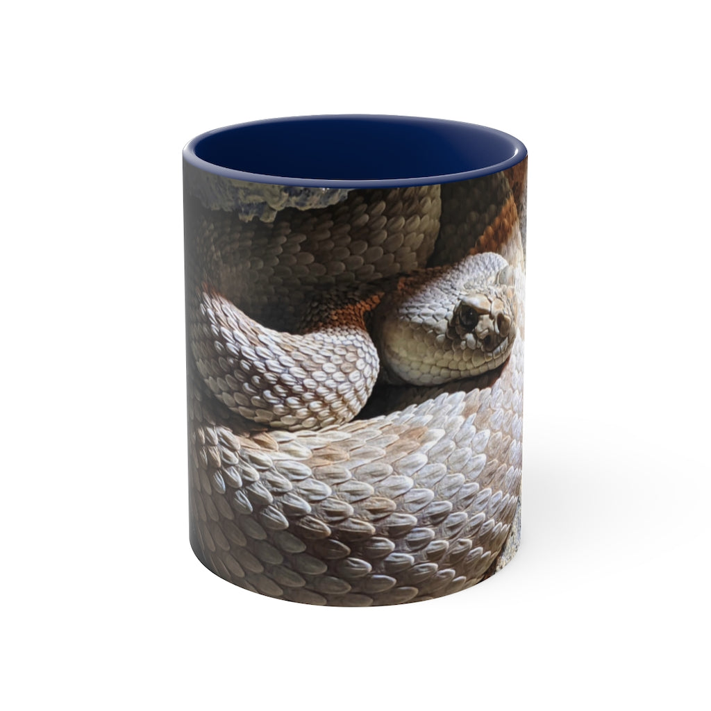 A stylish 11oz Snake Accent Coffee Mug with a white exterior and colorful interior, featuring a comfortable C-handle.