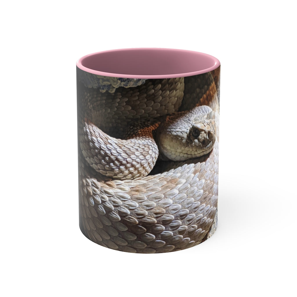 A stylish 11oz Snake Accent Coffee Mug with a white exterior and colorful interior, featuring a comfortable C-handle.