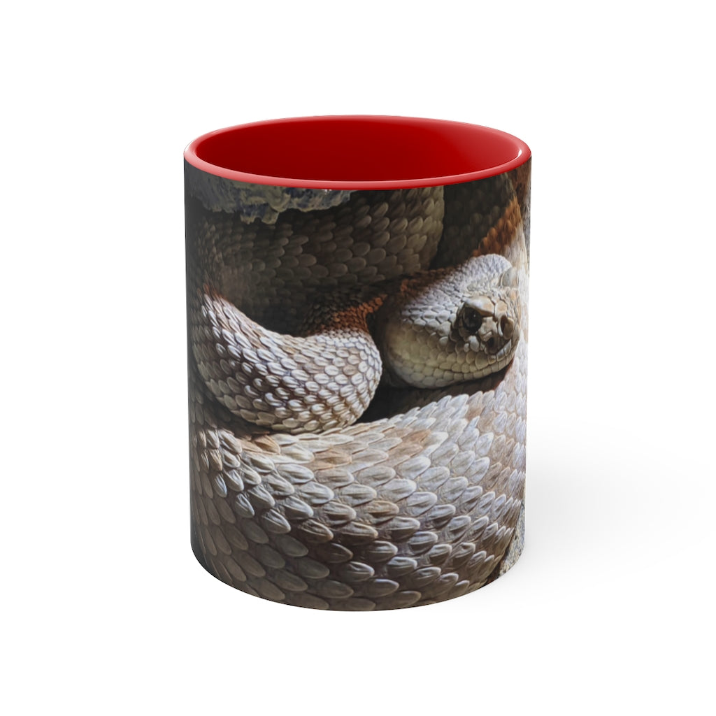 A stylish 11oz Snake Accent Coffee Mug with a white exterior and colorful interior, featuring a comfortable C-handle.