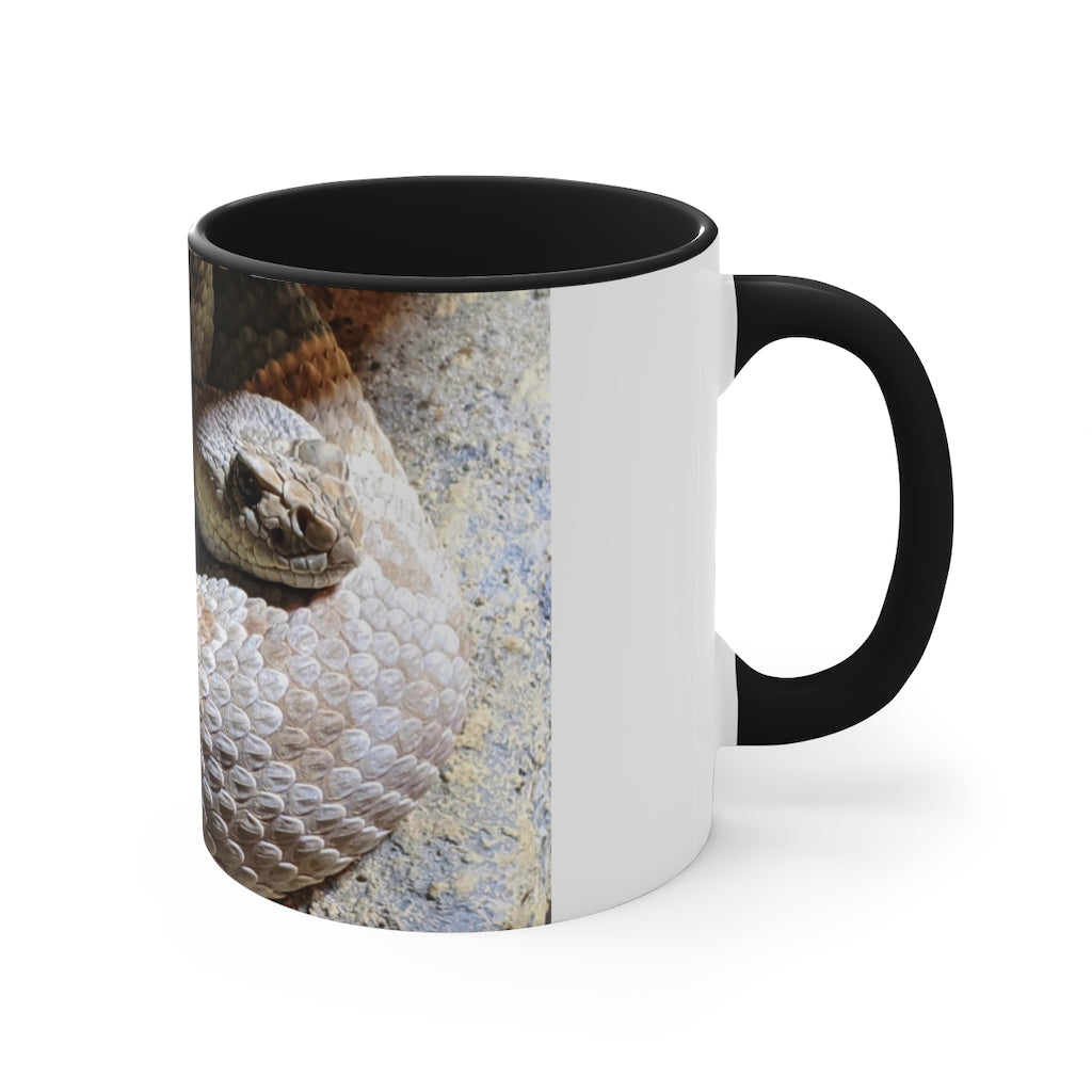 A stylish 11oz Snake Accent Coffee Mug with a white exterior and colorful interior, featuring a comfortable C-handle.