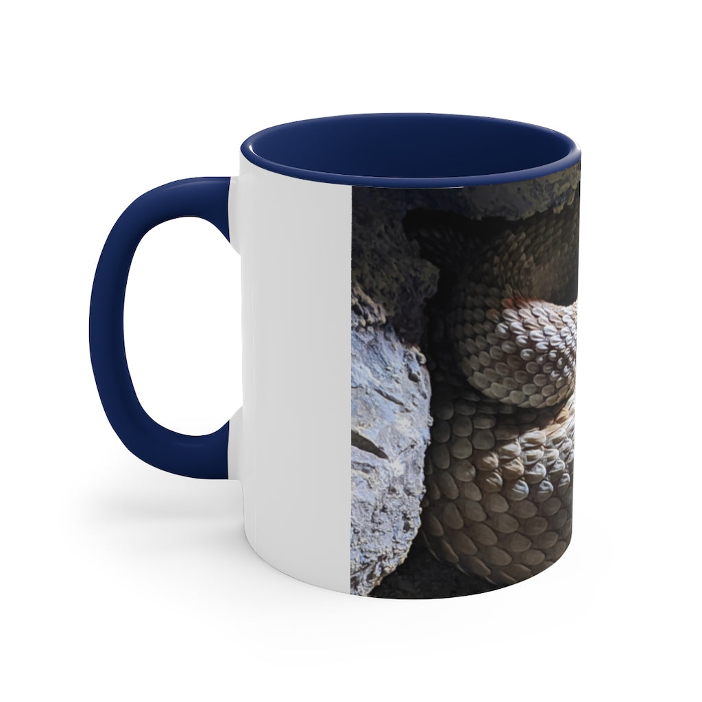 A stylish 11oz Snake Accent Coffee Mug with a white exterior and colorful interior, featuring a comfortable C-handle.