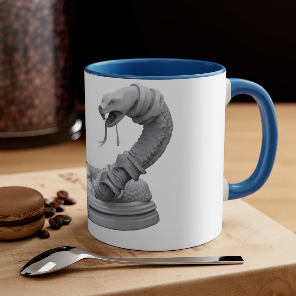 A stylish Snake Accent Coffee Mug featuring a white ceramic exterior with a colorful interior and C-handle, perfect for coffee lovers.