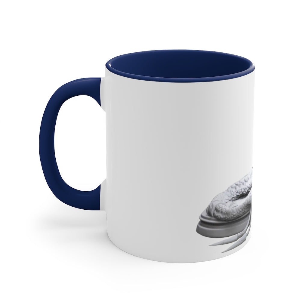 A stylish Snake Accent Coffee Mug featuring a white ceramic exterior with a colorful interior and C-handle, perfect for coffee lovers.