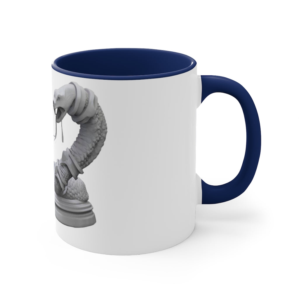 A stylish Snake Accent Coffee Mug featuring a white ceramic exterior with a colorful interior and C-handle, perfect for coffee lovers.