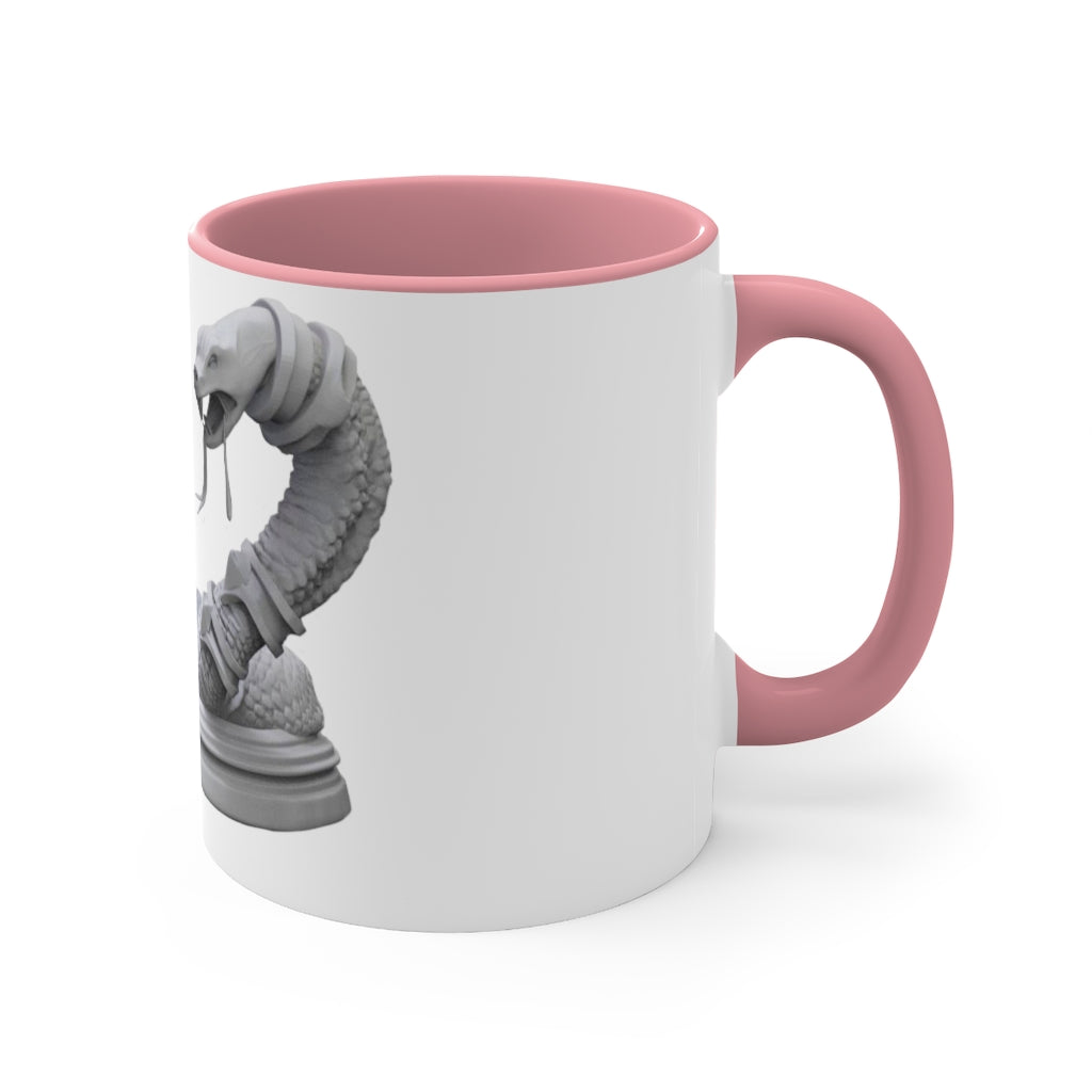 A stylish Snake Accent Coffee Mug featuring a white ceramic exterior with a colorful interior and C-handle, perfect for coffee lovers.