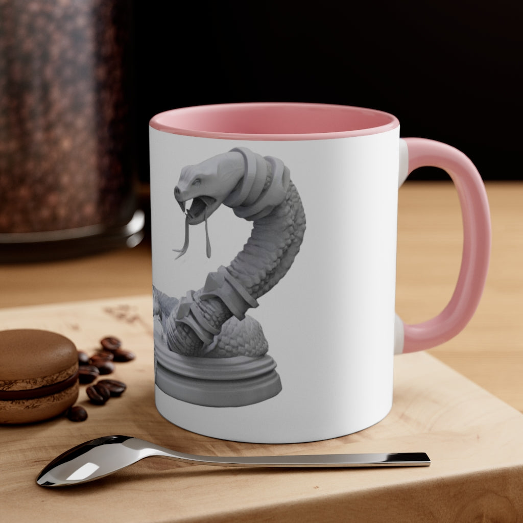 A stylish Snake Accent Coffee Mug featuring a white ceramic exterior with a colorful interior and C-handle, perfect for coffee lovers.