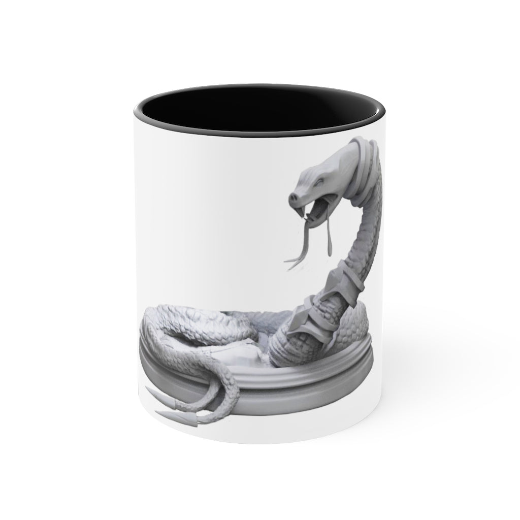 A stylish Snake Accent Coffee Mug featuring a white ceramic exterior with a colorful interior and C-handle, perfect for coffee lovers.