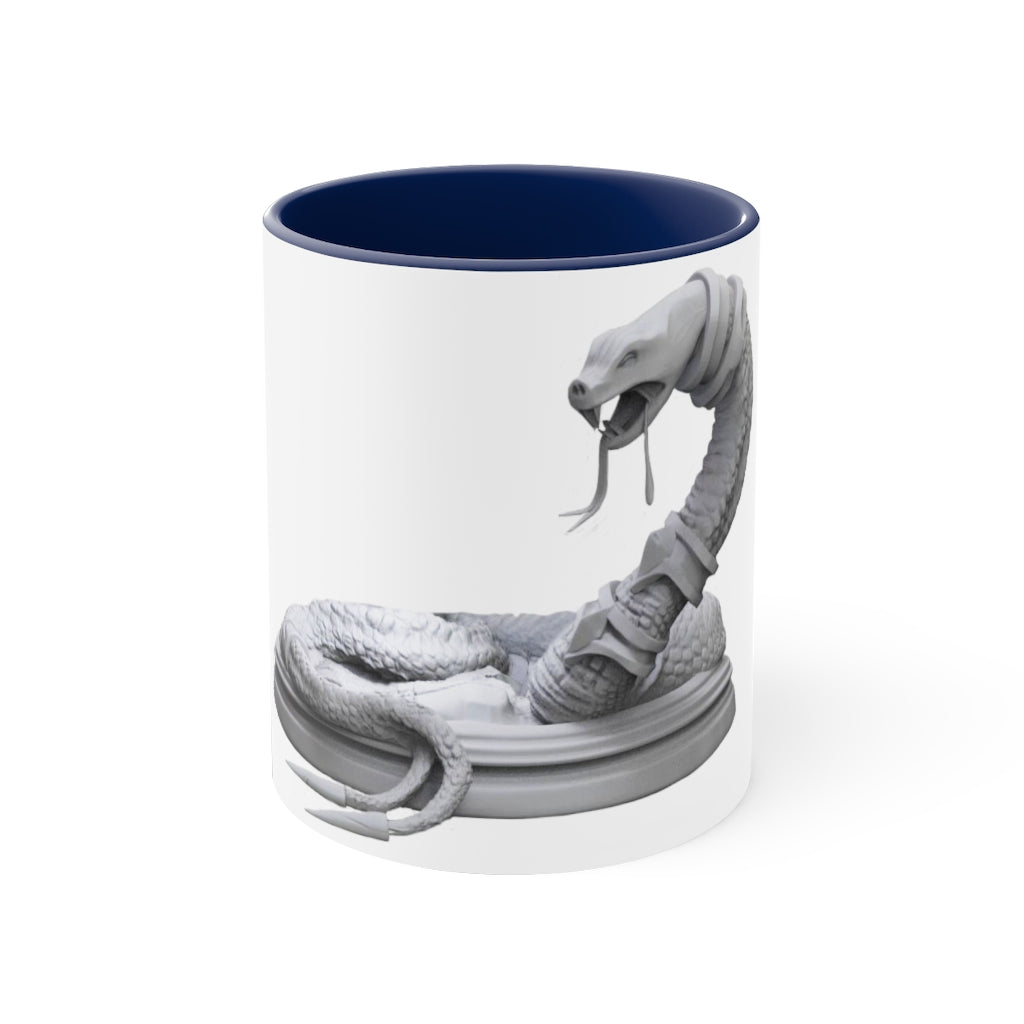A stylish Snake Accent Coffee Mug featuring a white ceramic exterior with a colorful interior and C-handle, perfect for coffee lovers.