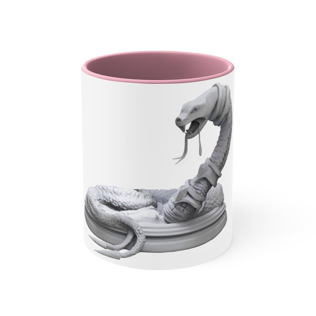 A stylish Snake Accent Coffee Mug featuring a white ceramic exterior with a colorful interior and C-handle, perfect for coffee lovers.