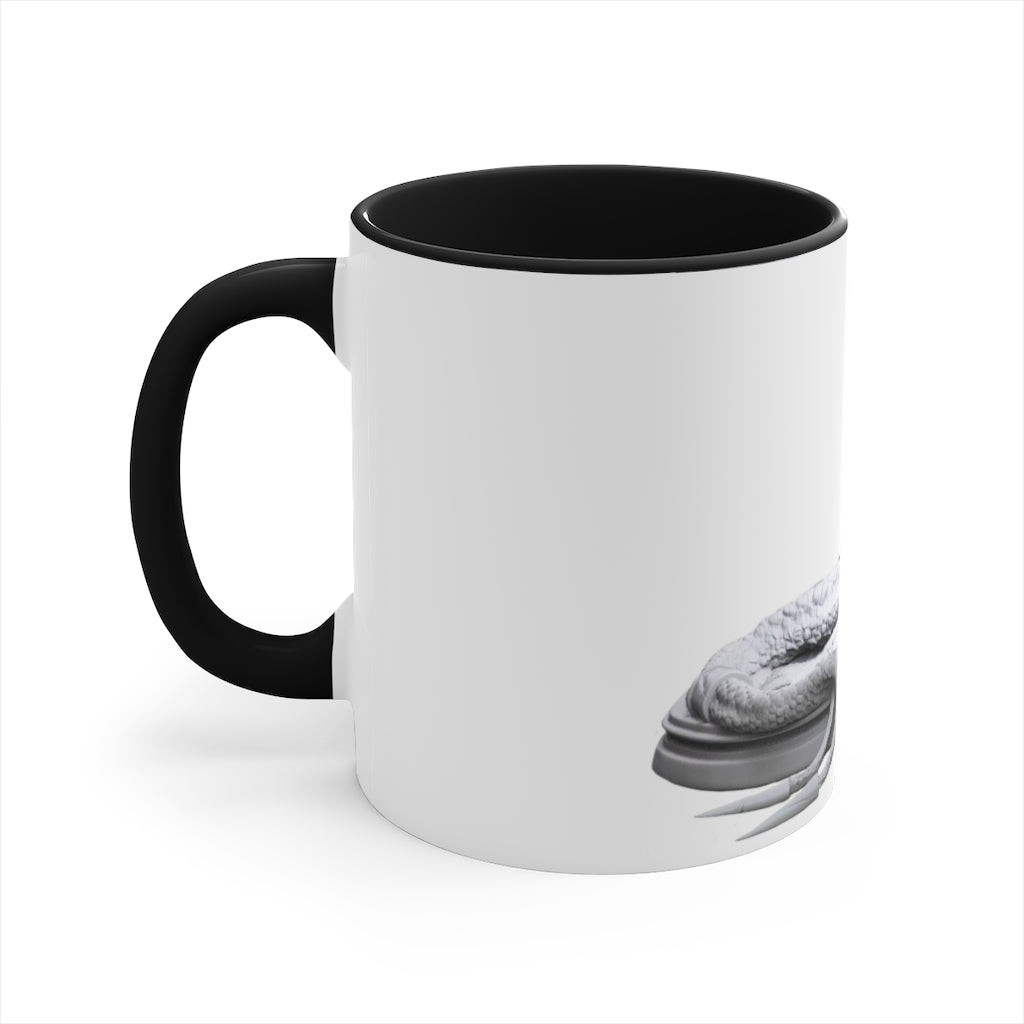 A stylish Snake Accent Coffee Mug featuring a white ceramic exterior with a colorful interior and C-handle, perfect for coffee lovers.
