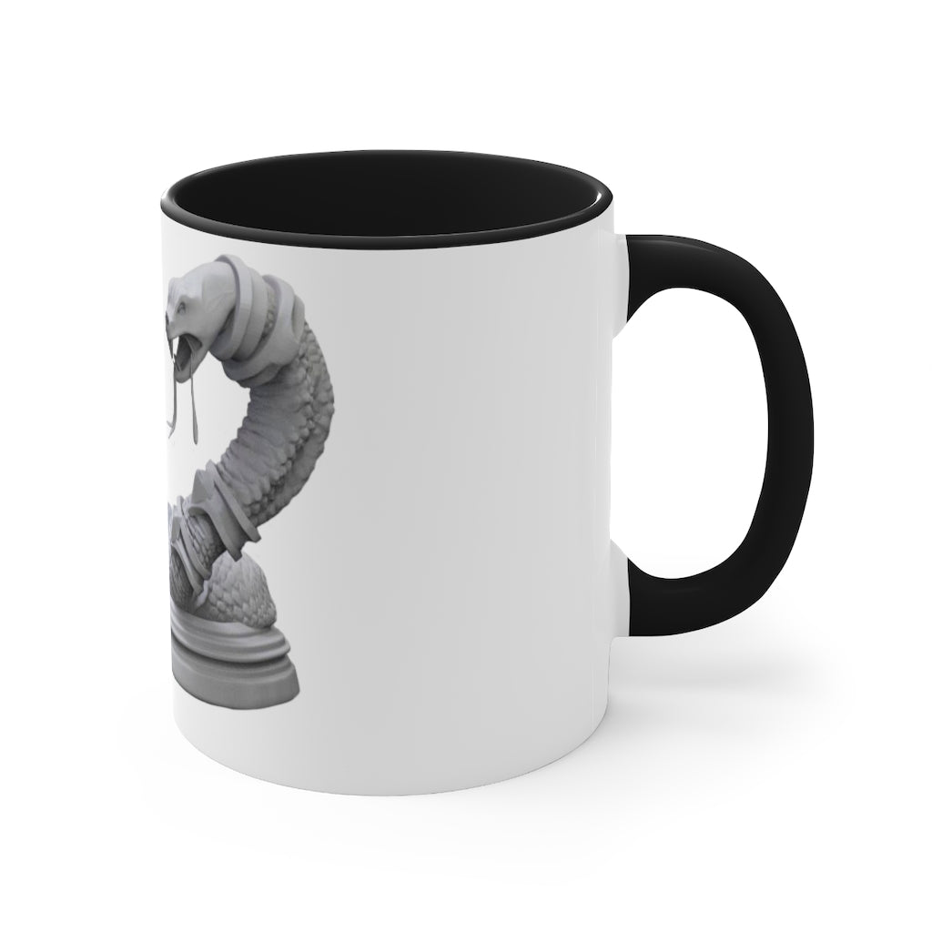 A stylish Snake Accent Coffee Mug featuring a white ceramic exterior with a colorful interior and C-handle, perfect for coffee lovers.