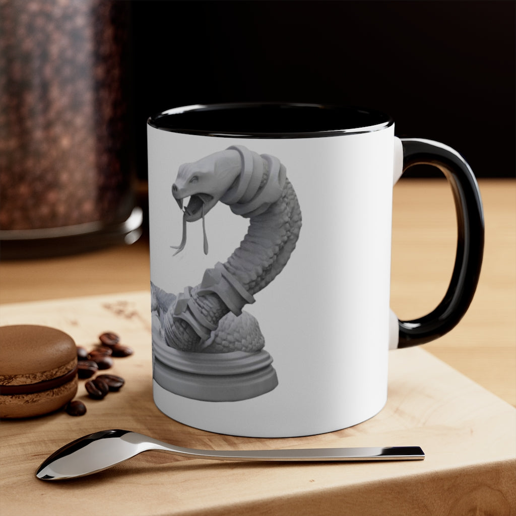A stylish Snake Accent Coffee Mug featuring a white ceramic exterior with a colorful interior and C-handle, perfect for coffee lovers.