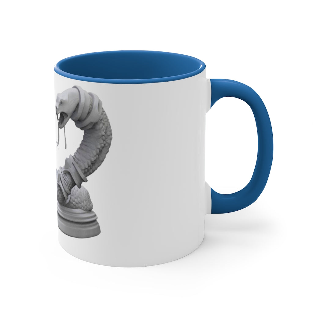 A stylish Snake Accent Coffee Mug featuring a white ceramic exterior with a colorful interior and C-handle, perfect for coffee lovers.